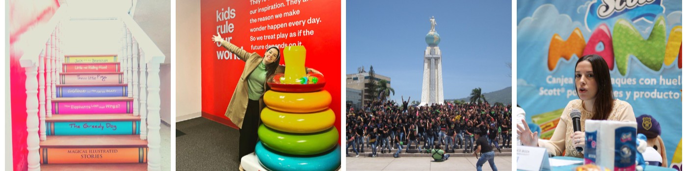 A collage of Florence Boza's brand work — Fisher-Price, kids campaigns, and product launches
